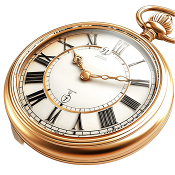 Antique gold pocket watch with Roman numerals and a chain png