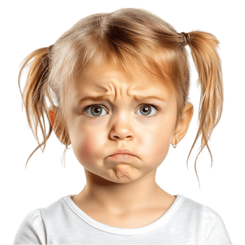 Sad little girl with big blue eyes and a pouty expression png