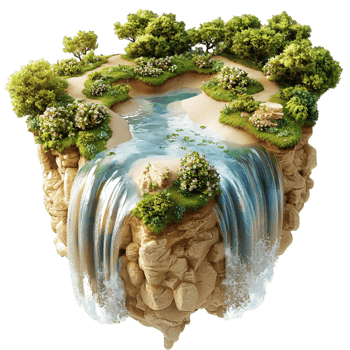 Floating island with a lush green landscape and a beautiful waterfall png