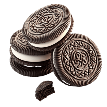Chocolate sandwich cookies with an intricate design and a creamy filling png