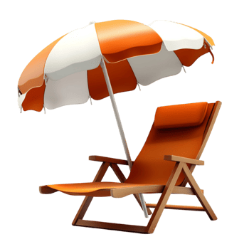 Comfortable beach chair with an orange and white umbrella for shade png