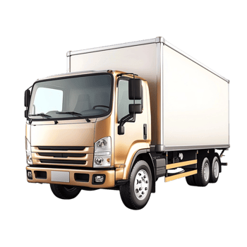 Large delivery truck with a white cab and cargo container png
