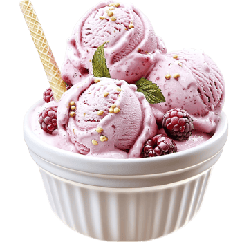 Creamy raspberry ice cream with berries and a waffle stick png