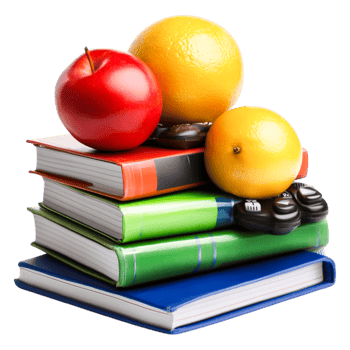 Colorful Fruits and Books Stacked Together on png