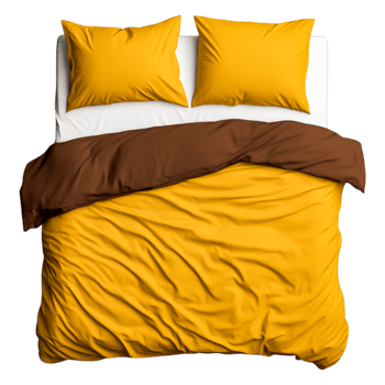 Cozy Bedroom Setup with Yellow and Brown Bedding for Relaxation png