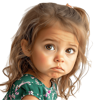 Little girl with sad eyes and curly brown hair expressing emotions png
