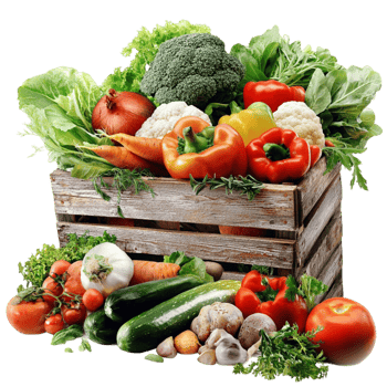 Wooden crate filled with green vegetables and ripe red tomatoes png