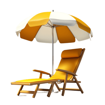Cozy beach chair with a yellow and white umbrella for shade png