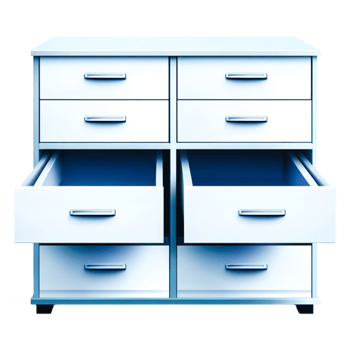 Stylish and Modern White Wooden Drawer Cabinet with Open Drawers png