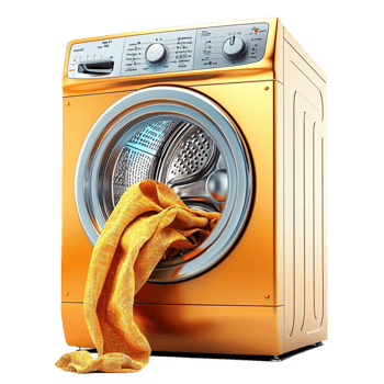 Fully washing machine with a golden towel emerging from inside png