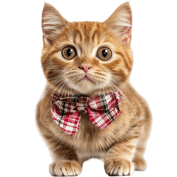 Adorable orange tabby kitten wearing a red and white checkered bowtie png
