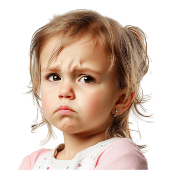Little girl with curly blonde hair making a sad and pouty face png