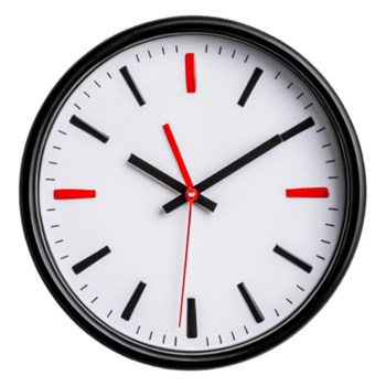 Modern Black Wall Clock with Red Accents and White Face Design png