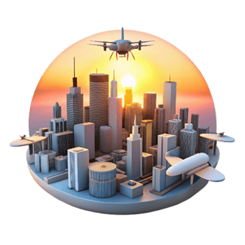 vibrant artistic Drone Shot of City Skyline at Sunset Isolated detailed png