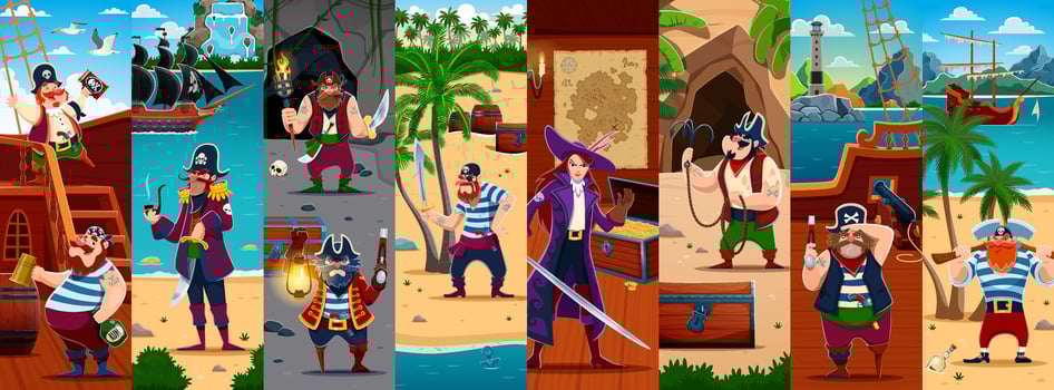 Cartoon pirate corsair characters on ship collage vector