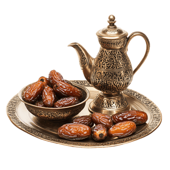 Dates and a brass pot on a decorative tray png