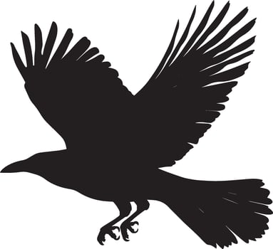 Crow Gliding Low Wings partially spread, body close to the ground, legs tucked, black silhouette . vector