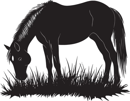 Horse Feeding Head lowered, legs slightly bent, nibbling on the ground, silhouette illustration. vector