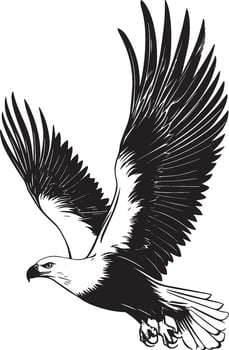 Eagle Soaring Gliding through the air with wings held wide body steady tail feathers extended. full length silhouette black illustration vector