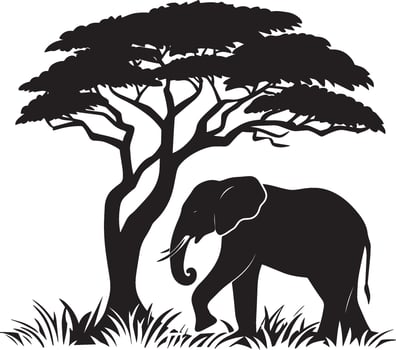 Elephant Eating Trunk curled around a tree or grass, head bent down. full length silhouette black illustration vector
