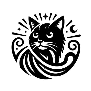 Stylized Black Cat with Circular Embellishments Moon, Stars, Swirls, Whiskers in Whimsical, Decorative, Minimalist Illustration. vector