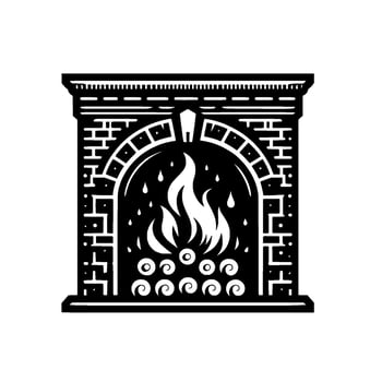 Intricate Black and White Illustration of a Cozy Fireplace with a Burning Fire and Brick Surround. vector