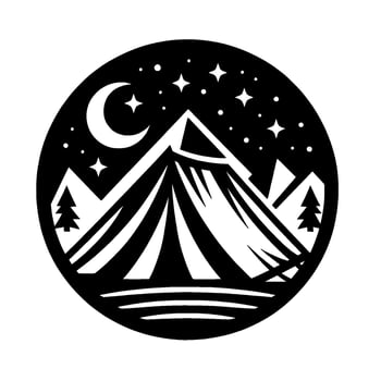 Black and white circular illustration of a mountain campsite under a starry night sky, featuring a crescent moon, pine trees, and tent. vector