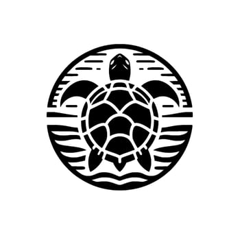 Geometric, minimalist black turtle emblem framed in a circular , atop stylized waves, set against a clean white backdrop elegant, symmetrical, decorative artwork. vector