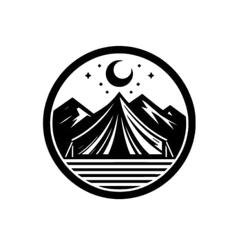 Black and White Circular Camping Featuring Tent, Mountains, Crescent Moon, Stars, and a Striped Base. vector