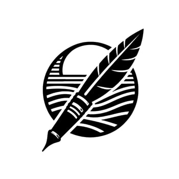 Elegant Black White Illustration A Quill Pen Overlapping a Circular Composition with SunriseSunset Stripes vector