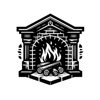 Stylized Black and White Fireplace with Burning Flames and Rolled Logs, Architectural . vector