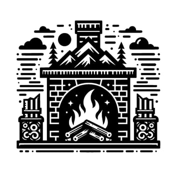 Stylized black and white illustration of a cozy fireplace with a mountain range facade, burning logs, and a starry night sky. vector