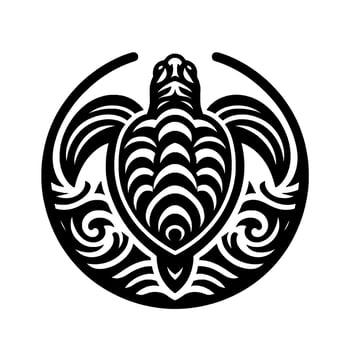 Intricate Black and White Turtle Within a Circular Frame, Inspired by Polynesian Art with Detailed Patterns and Oceanic Motifs. vector