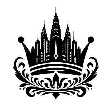 Ornate Crown with a Silhouette Skyline A Symbolic Black and White of Urban Authority and Luxury. vector