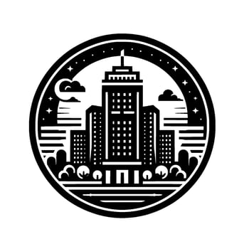 Circular Black and White Urban Crest Modern Cityscape with Skyscapers, Moon, Stars, and Trees, Illustrative . vector