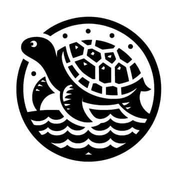 Stylized Black and White Turtle Illustration in Circular Frame with Water, and Simple Dots. vector