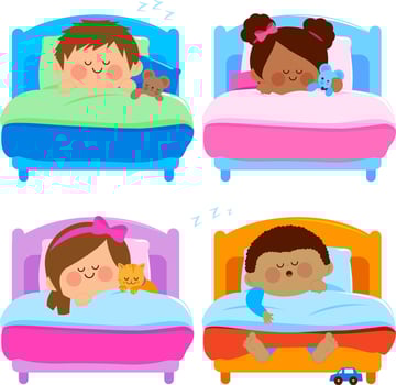 Diverse children in their pajamas sleeping in their beds at night. Bedtime for little boys and girls. Kids sleeping in their bedrooms. vector