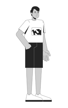 Young indian man standing confidently with relaxed posture 2D line character. South asian guy in casual outfit, summer wear isolated ink outline person. Monochromatic spot illustration vector