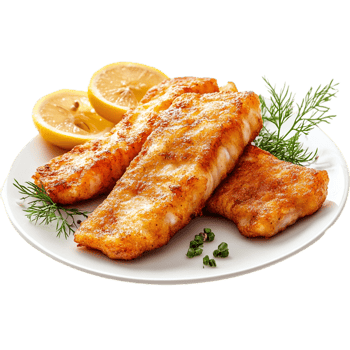 Delicious fried fish with lemon and dill dishisolated on transparent background png