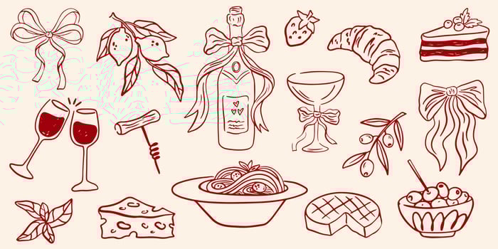 Hand drawn chalk food illustrations. Wedding or romantic dinner icons. Summer Italian picnic. Champagne, cheese, dessert drawings for wedding invitations, cafe, parties. La dolce vita concept. vector