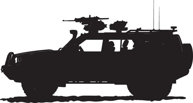 Protective Escort Vehicle A vehicle safeguarding another in a convoy, ensuring security. Full-length silhouette in black design. vector