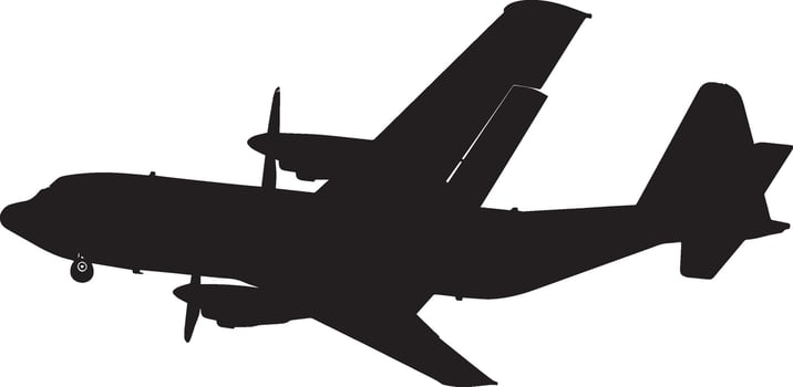Evacuation Aircraft A military plane flying low, set for a personnel or casualty evacuation. Full-length silhouette in black art. vector