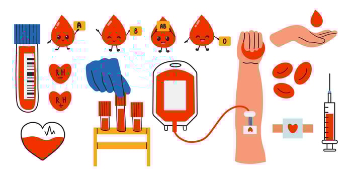 Blood bag, hearts, cute drop mascot. Hand drawn illustrations. Hematology icons set. Donate Blood, Health Care Concept. World Blood Donor Day. Trendy digital art. All elements are isolated vector