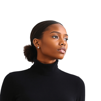 a woman in a black turtleneck top looking up png