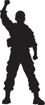 Triumphant Soldier A black silhouette of a soldier with a raised fist in victory. vector