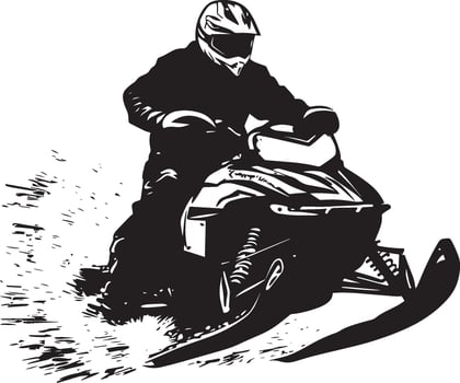 Winter Racing A full-length black of a person speeding on a snowmobile over snowy terrain. vector