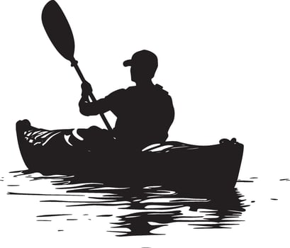 Kayak Maneuvering Individual using a paddle to steer the kayak. Full silhouette in black design. vector