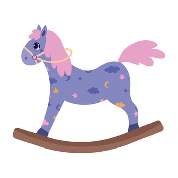 cute cartoon children's toy rocking horse, with pink tail and mane, with night coloring of clouds and crescent moons vector