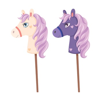 two cute cartoon children's toys horse head on a wooden stick, illustration on a white background vector