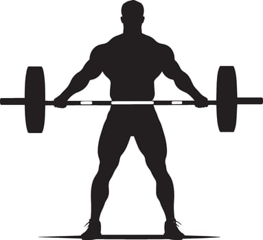 Individual upright with a barbell in their hands, looking pleased following a successful weightlifting attempt. Complete silhouette in black illustration. vector